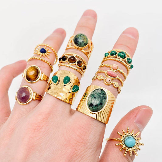 Gold-plated Stainless Steel Inlaid Natural Stone Rings