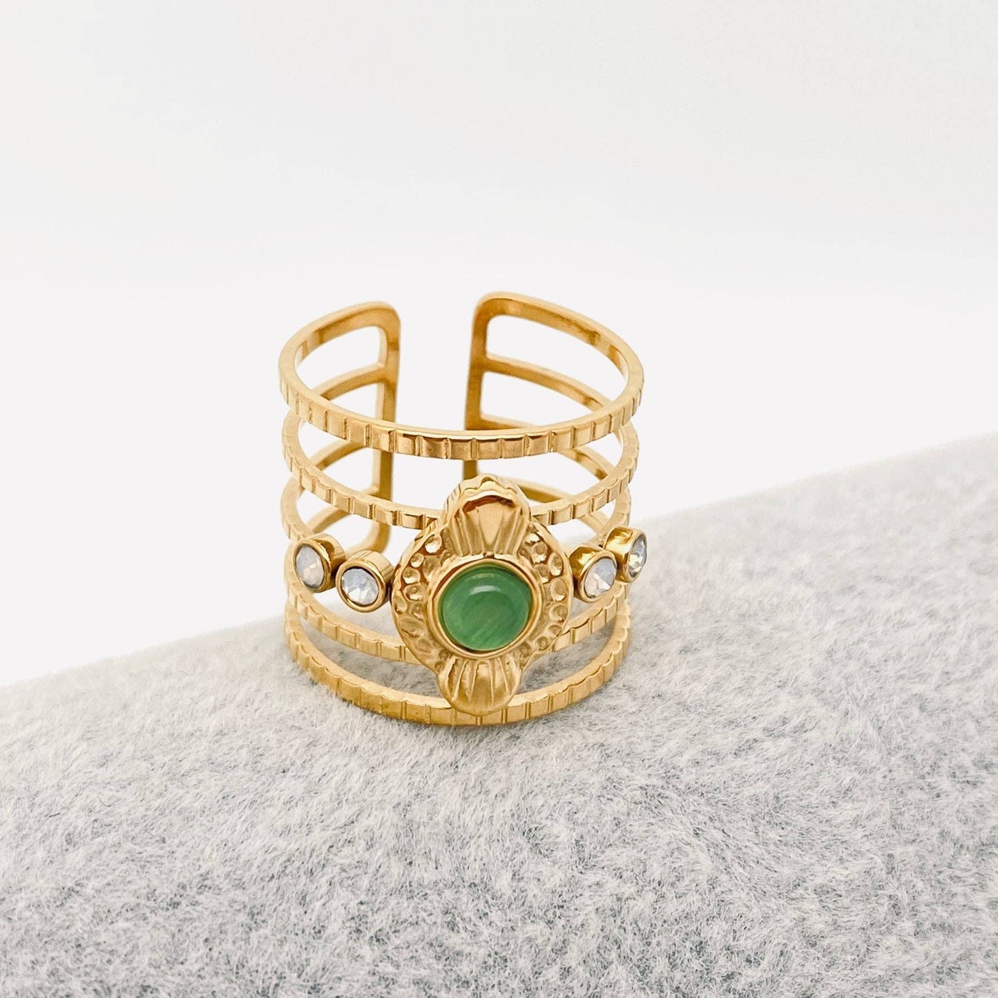 Green Aventurine 18K Gold Plated Stainless Steel Hollow Ring