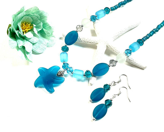 Sea Glass Starfish Necklace in Shades of Teal & Aqua