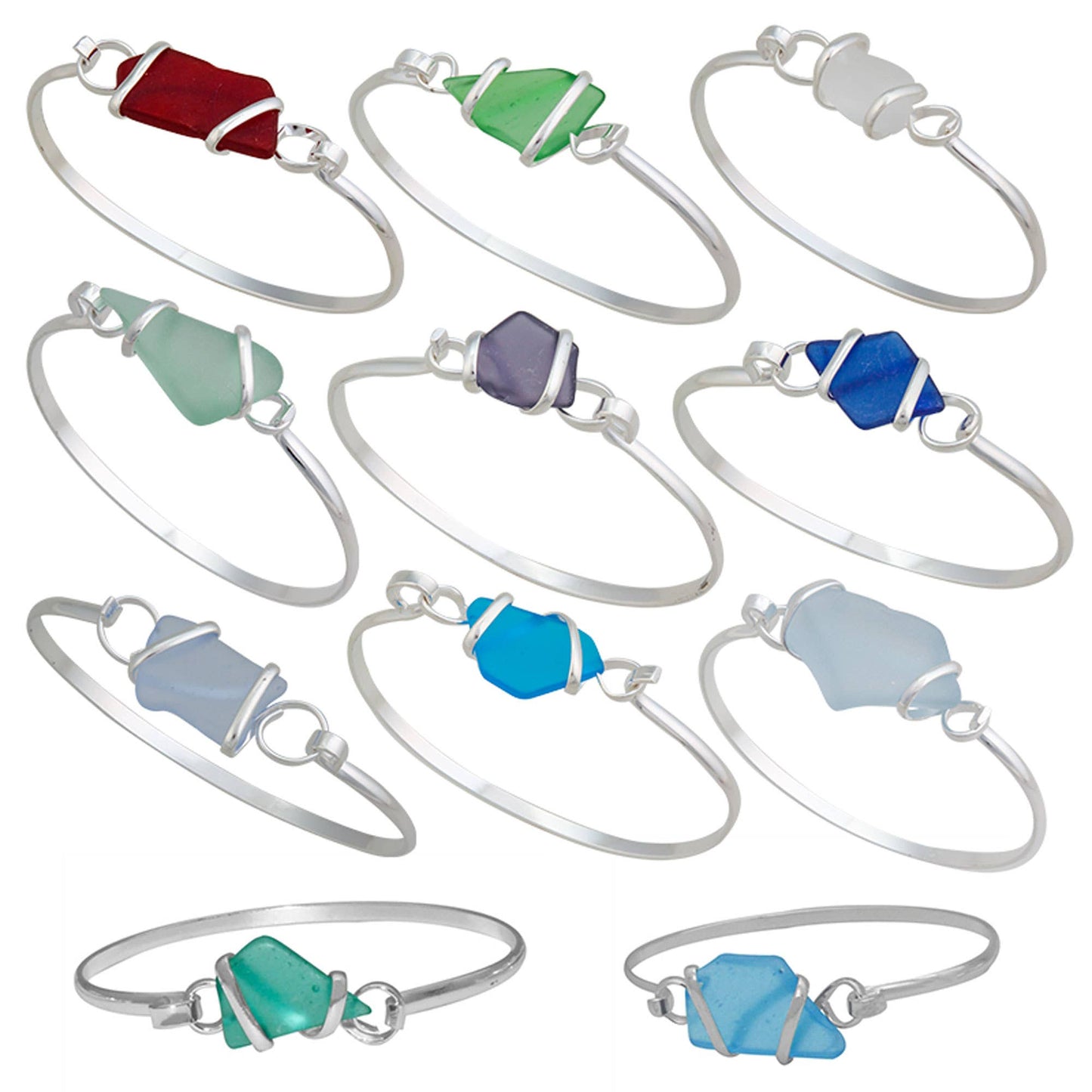 Dozen Assorted Pompano Beach Glass Bangles - Silver Plated