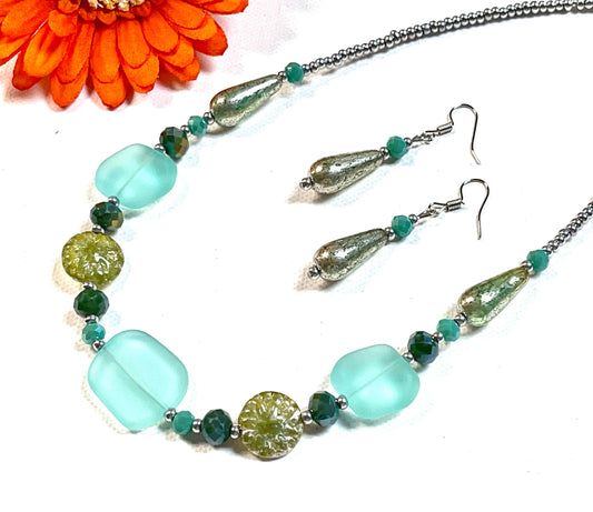 Chunky Sea Glass & Bohemian Glass Necklace in Green