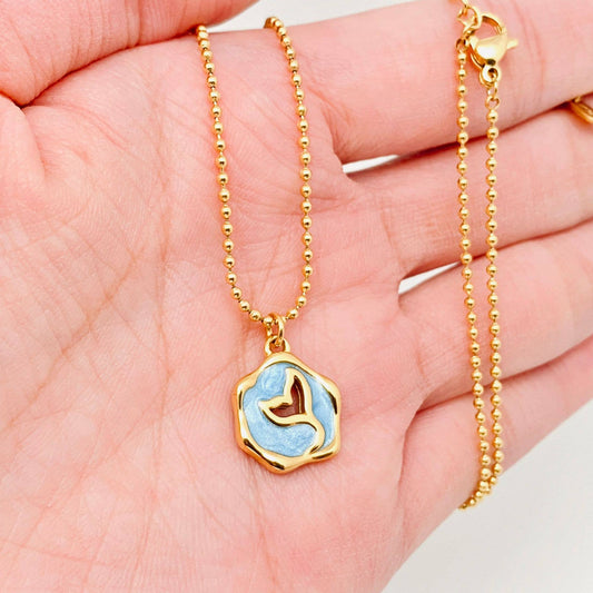 Mermaid Tail Blue Enamel 18K Gold Plated Charm Necklace