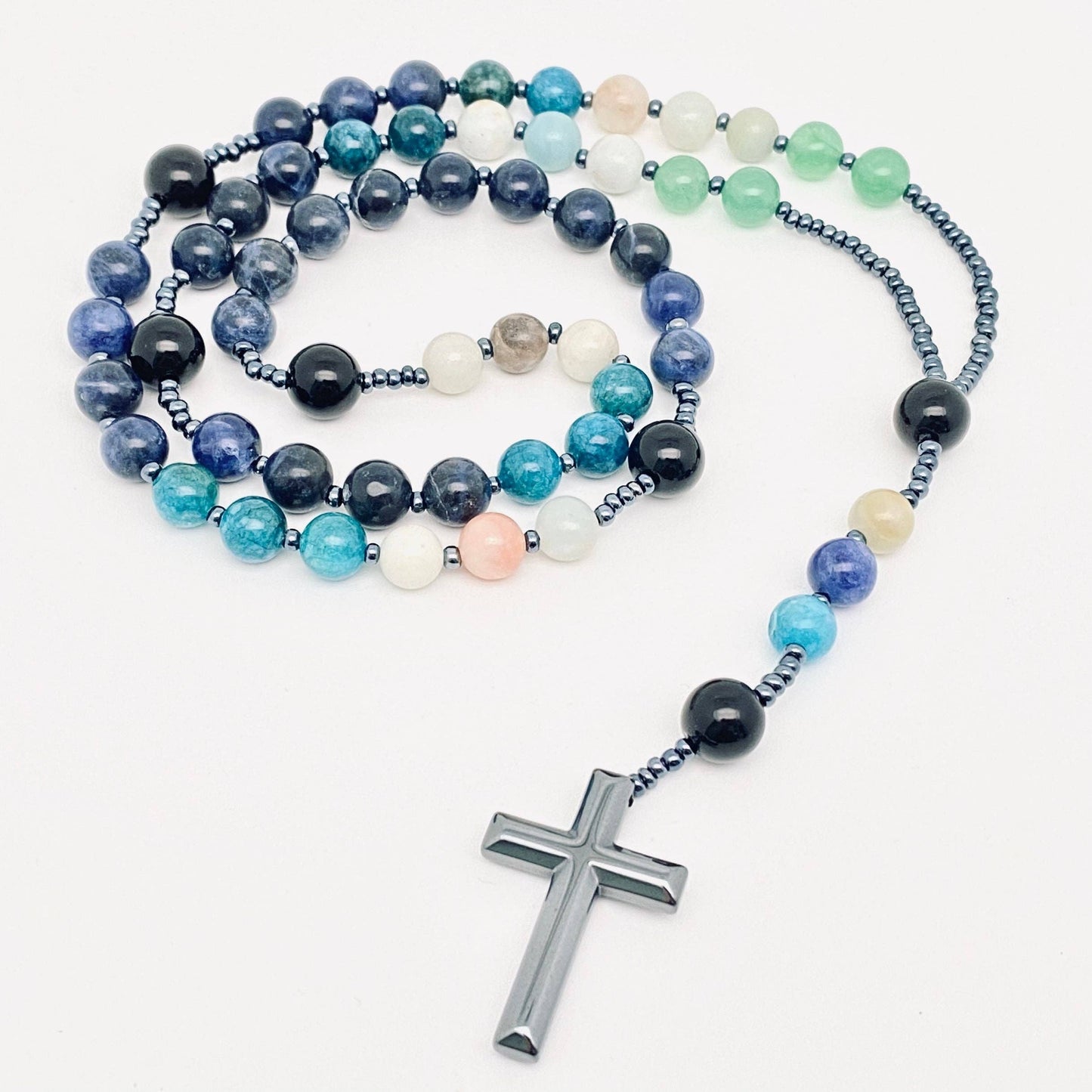 Blue-vein Amazon Stone Agate Beaded Cross Pendant Necklace