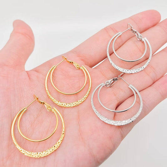 Stainless Steel Double Loop Design Gold Plated Hoop Earrings