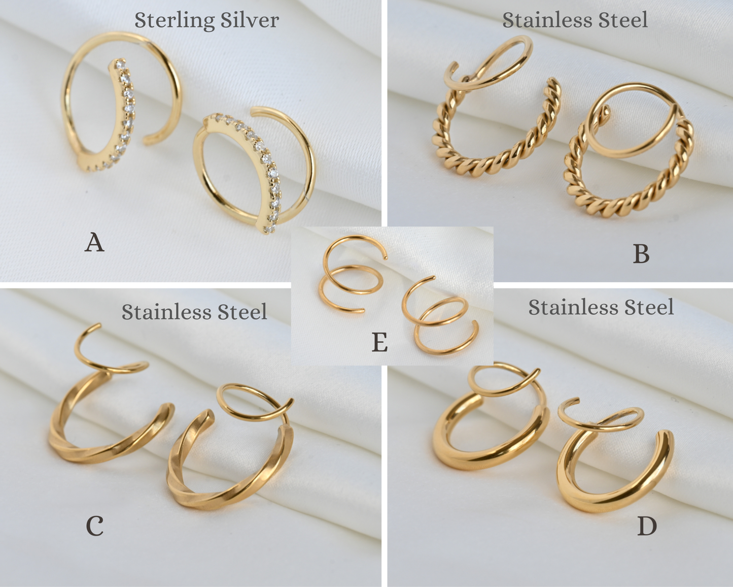 2 pcs18KT Gold PVD Spiral Hoop Earrings - Waterproof Hoops