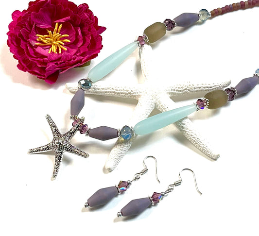 Sea Glass Starfish Necklace  in Purples