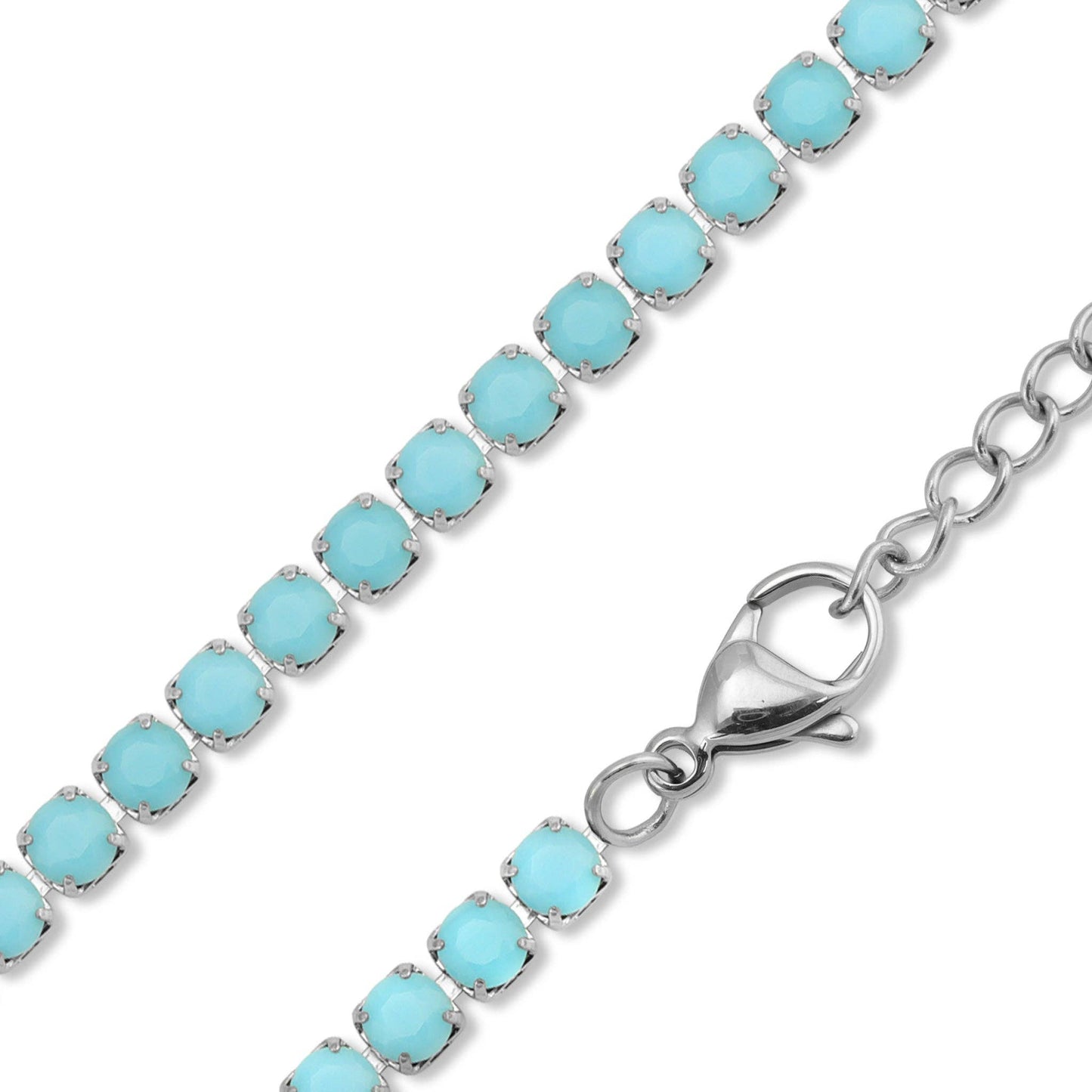 Stainless Steel Turquoise Rhinestone Tennis Chain Necklace With 2" Extension