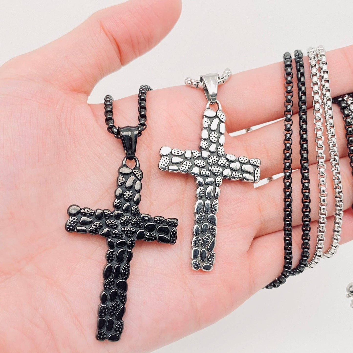 Cobblestone Design Stainless Steel Cross Pendant Necklace