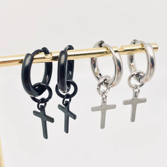 Stainless Steel Cross Charm Hoop Earrings