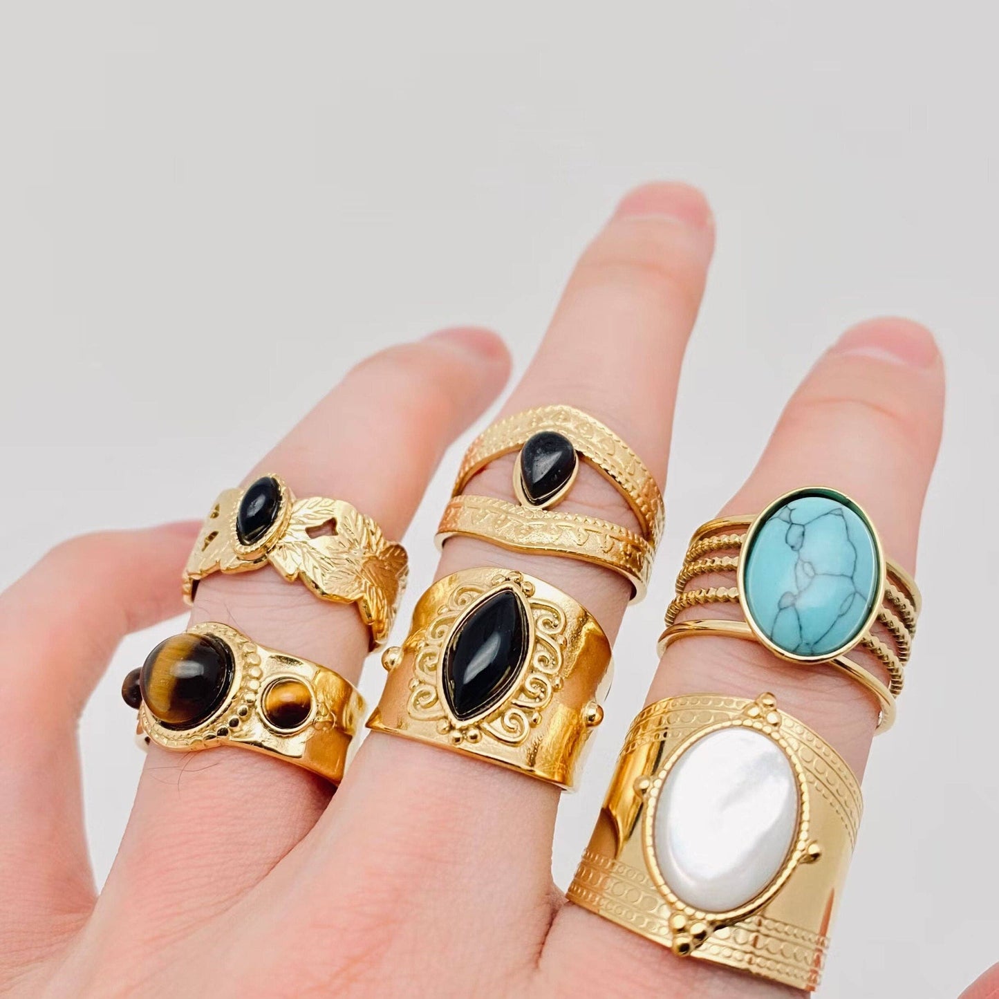 Vintage Stainless Steel Inlaid Natural Stone Rings