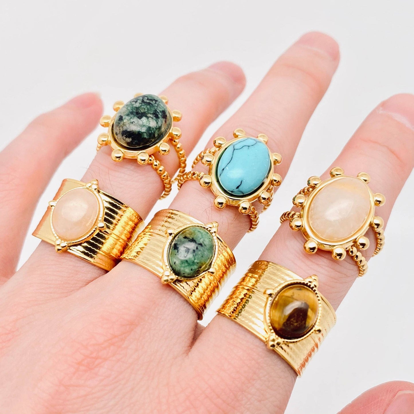 Gold Plated Stainless Steel Natural Stone Adjustable Rings