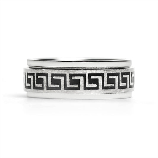 Black Greek Key Spinner Center Polished Stainless Steel Ring