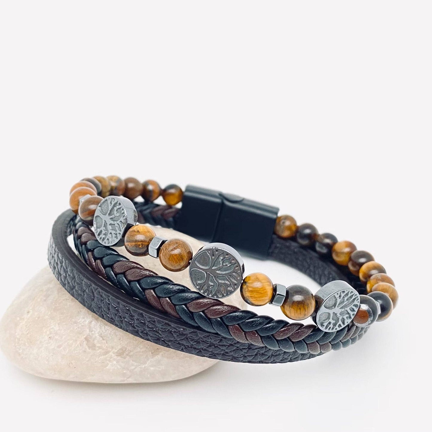 Tree of Life Tiger's Eye Beaded Leather Bracelet for Men