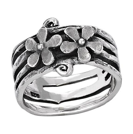 Double Daisy Sterling Silver Band Ring